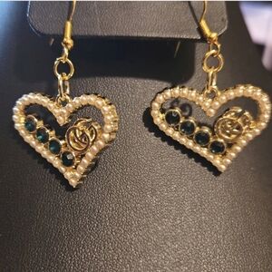 Elegant Gold Emerald Crystal & Faux Pearl Iconic Logo Heart Earrings